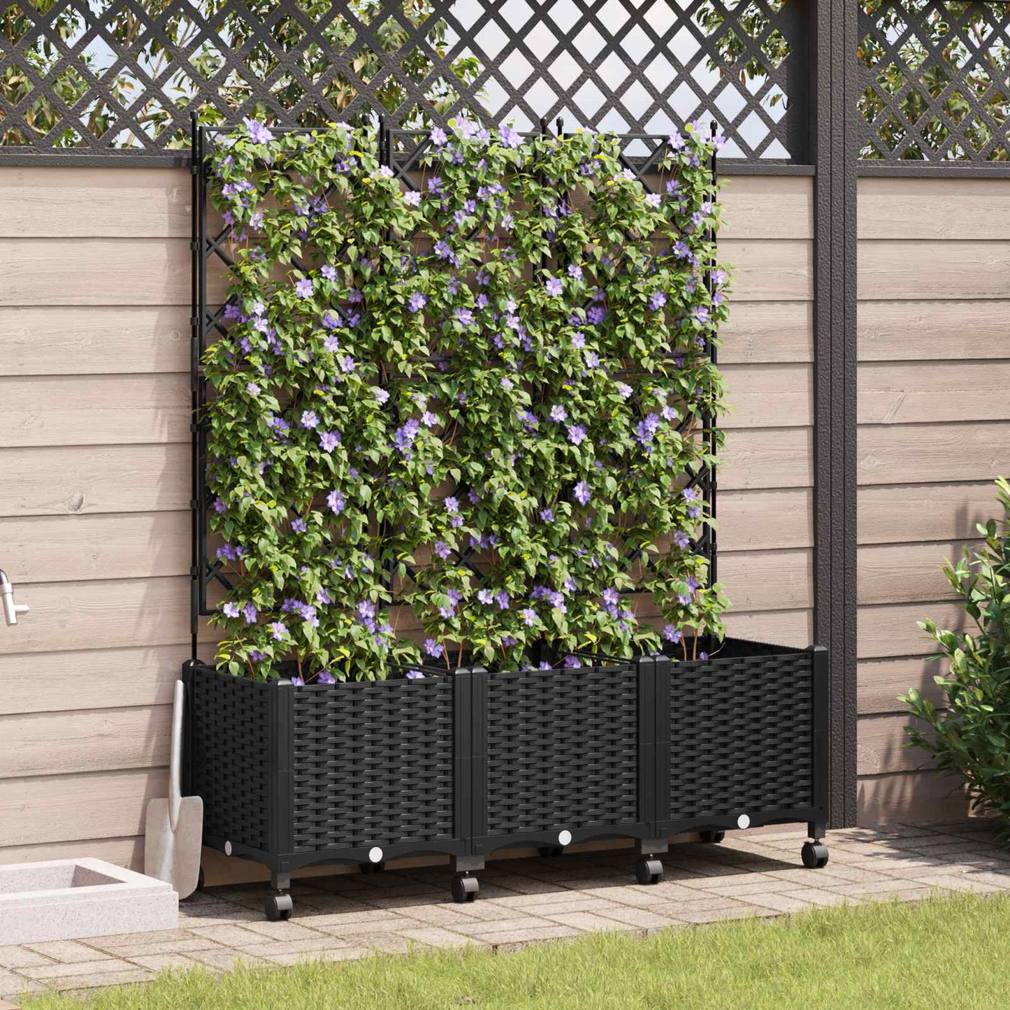 Hageplanter med espalier og hjul 3 stk. Svart 120 x 40 x 149 cm