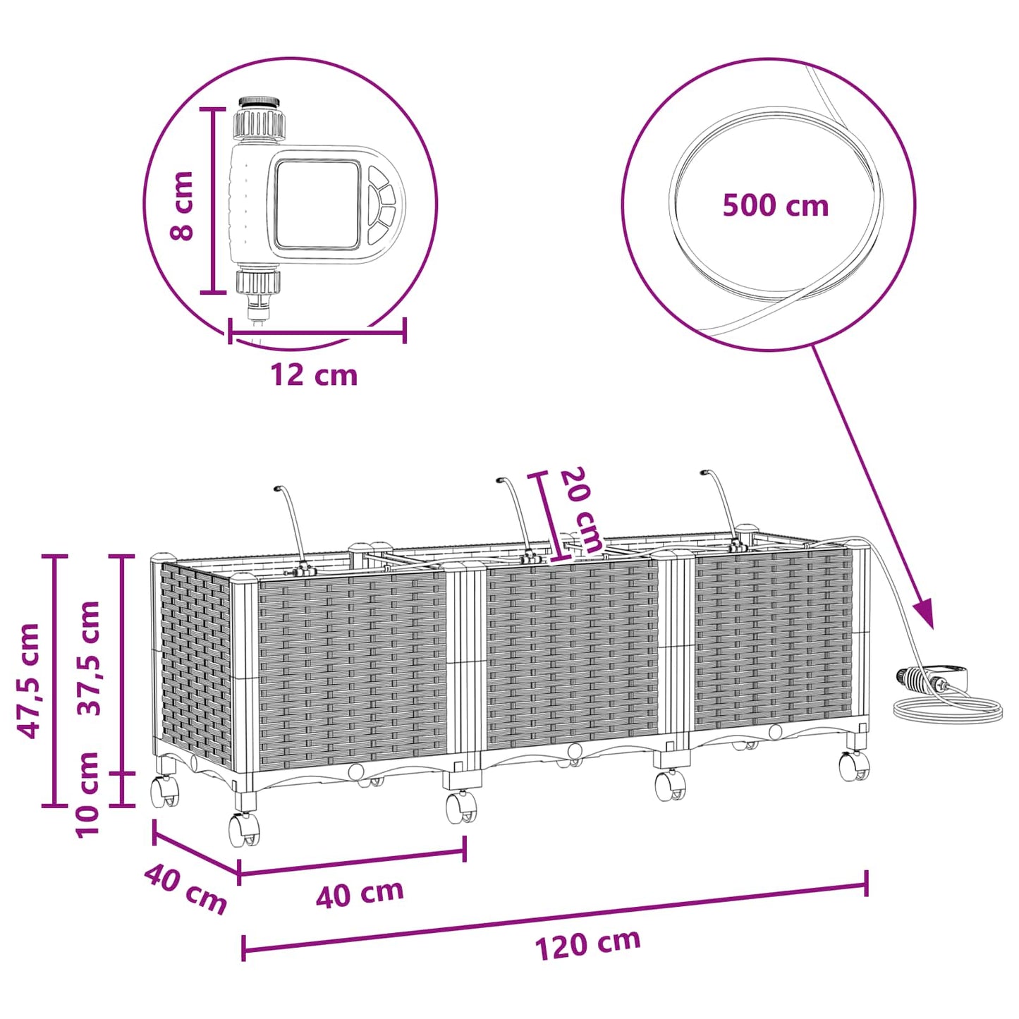 Hageplantekasse med vanning og hjul 3 stk. Grå PP