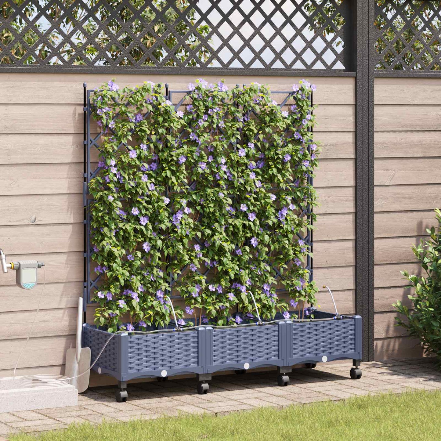 Hageplantekasse med vanning og hjul 3 stk. Grå PP