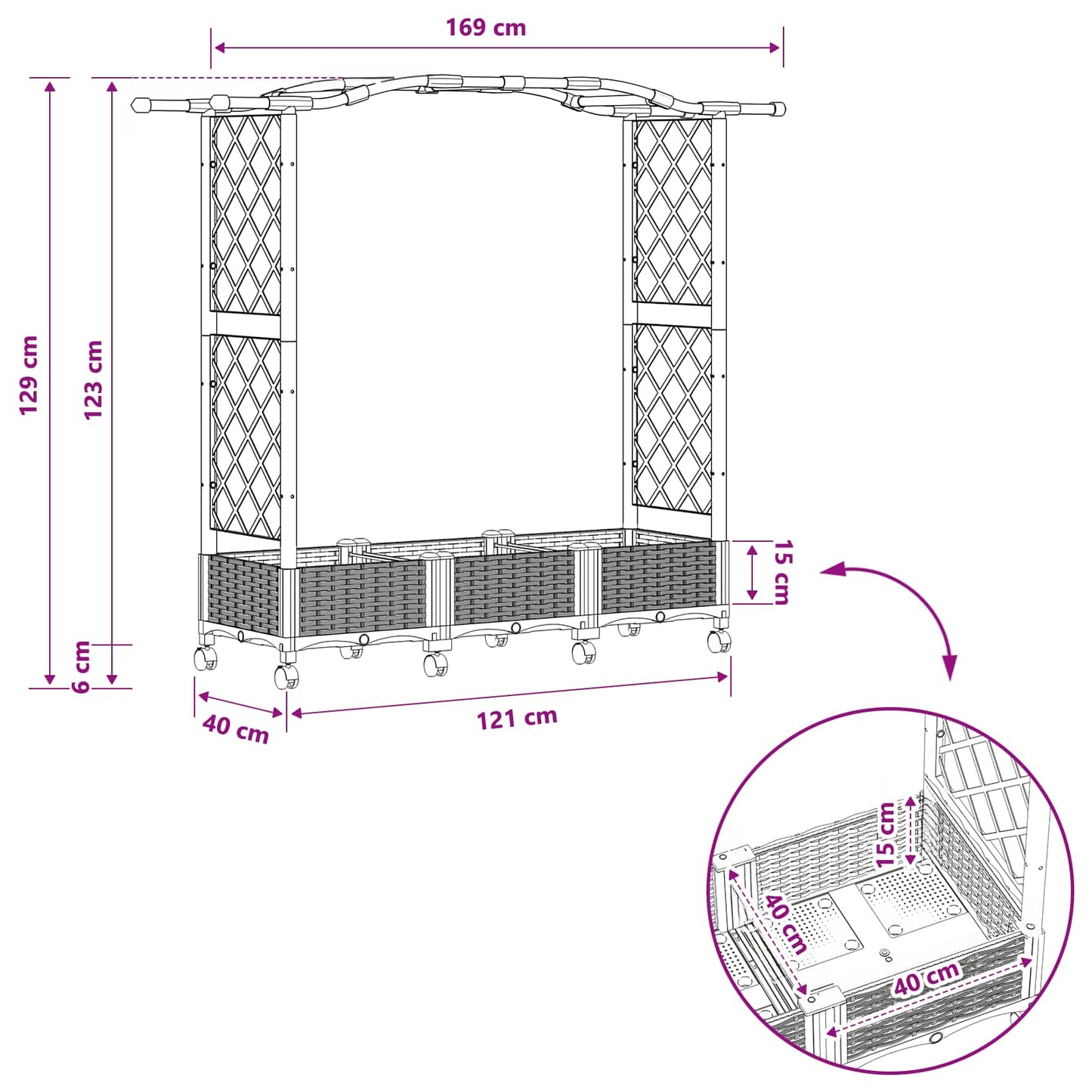 Hevet Bed med Trellis og Tak Svart 169 x 40 x 129 cm PP