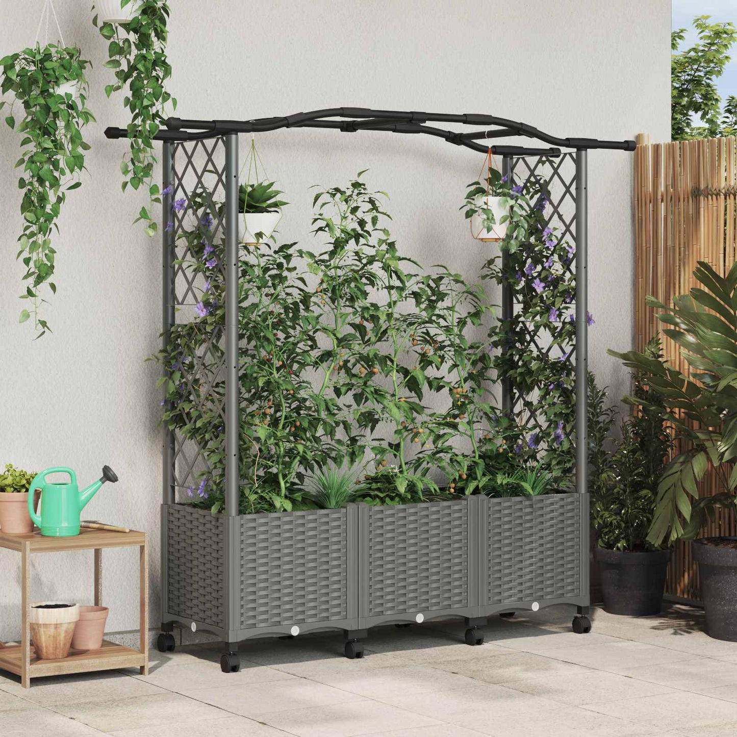 Hevet Bed med Trellis og Tak Lysegrå 164 x 40 x 144 cm PP