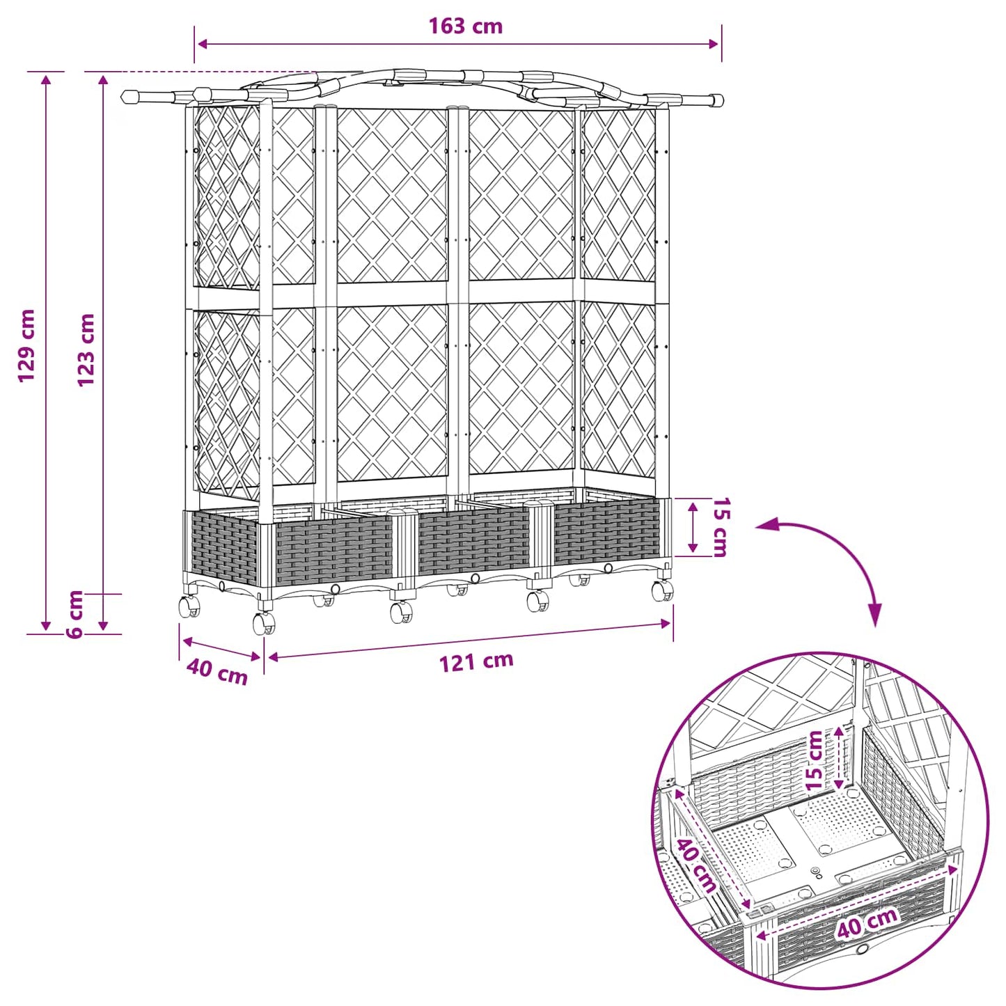 Hevet Bed med Trellis og Tak Grå 163 x 40 x 129 cm PP