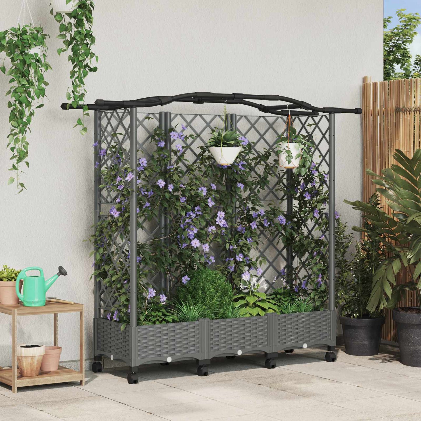 Hevet Bed med Trellis og Tak Lysegrå 163 x 40 x 129 cm PP