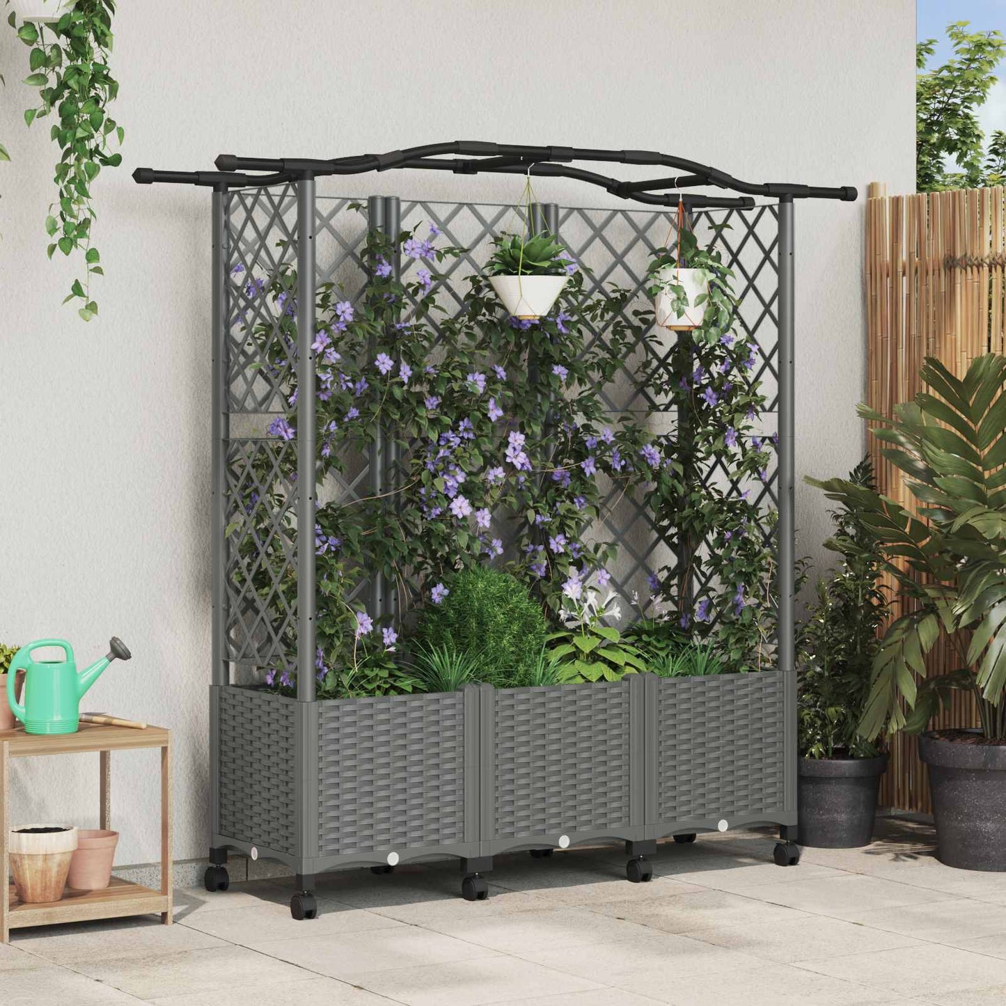 Hevet Bed med Trellis og Tak Lysegrå 163 x 40 x 144 cm PP