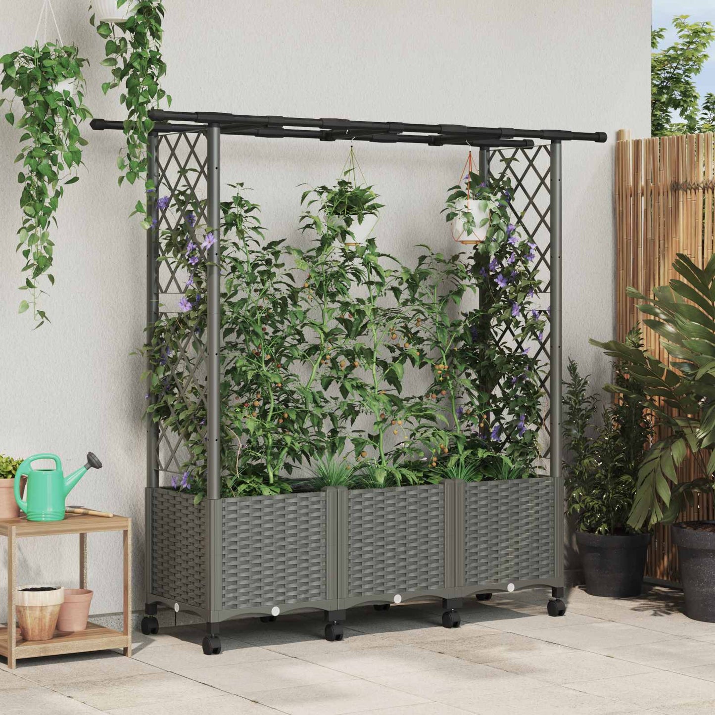 Hevet Bed med Trellis og Tak Lysegrå 162,5 x 40 x 142 cm PP