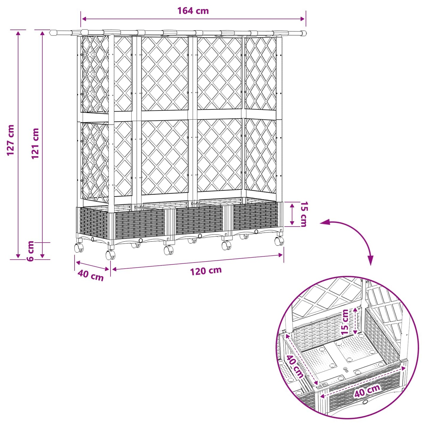 Hevet Bed med Trellis og Tak Grå 164 x 40 x 127 cm PP