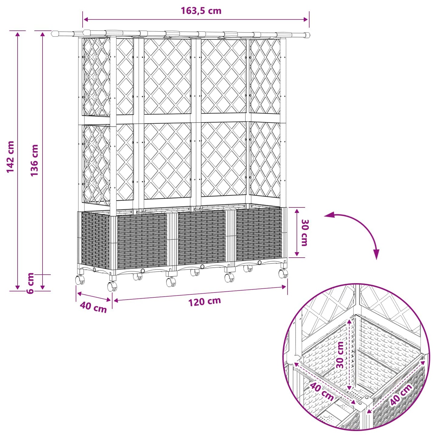 Hevet Bed med Trellis og Tak Grå 163,5 x 40 x 142 cm PP