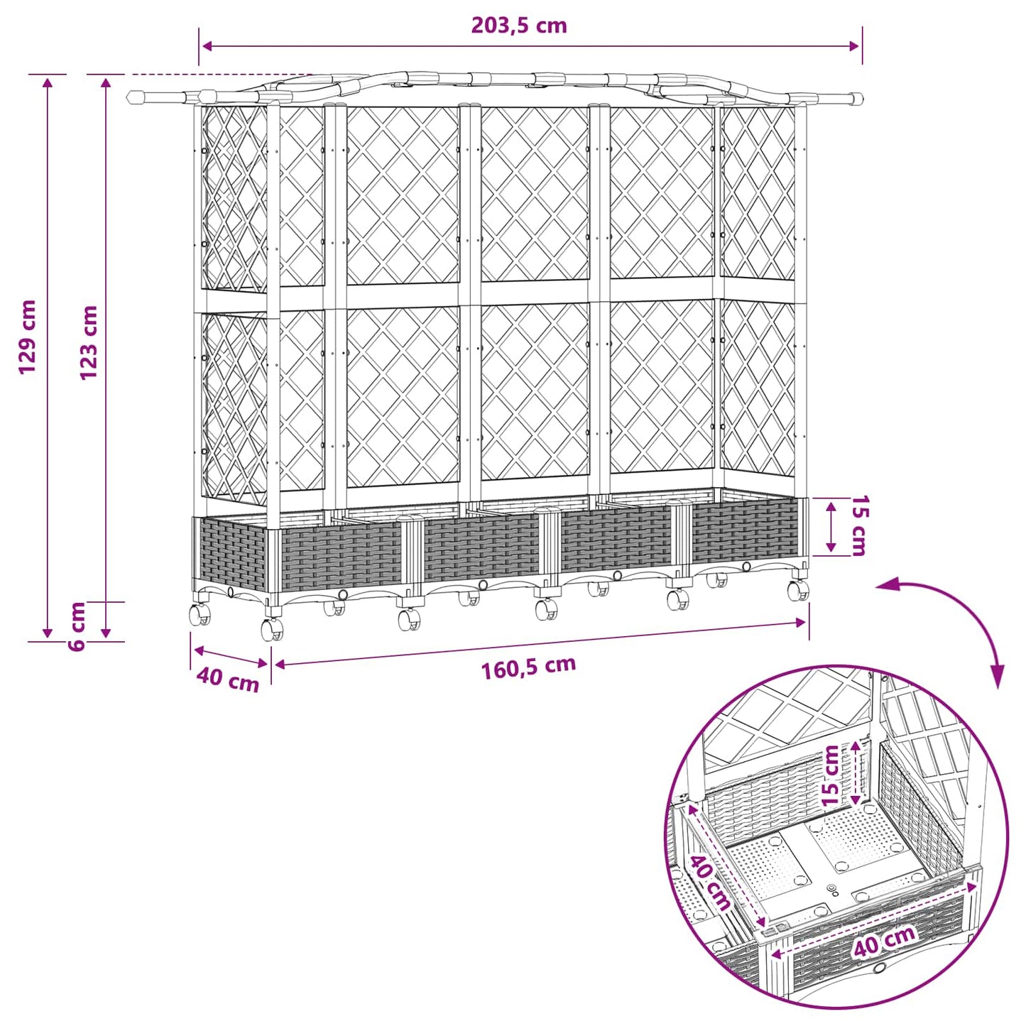 Hevet Bed med Trellis og Tak Grå 203,5 x 40 x 129 cm PP