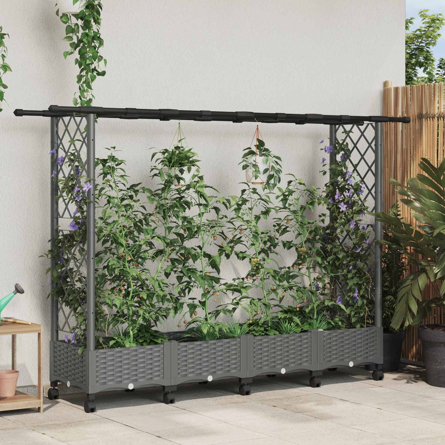 Hevet Bed med Trellis og Tak Lysegrå 203 x 40 x 127 cm PP