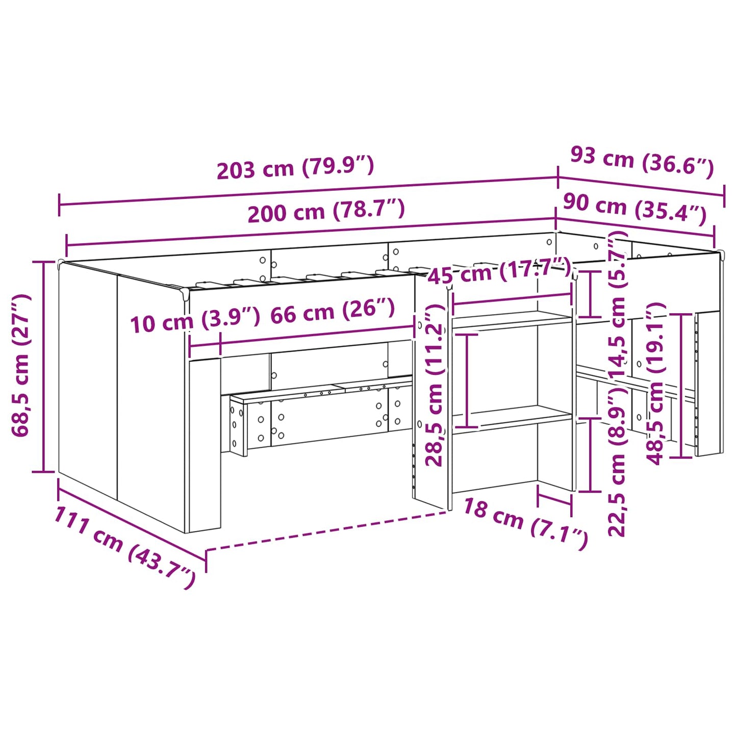 Barnas Høye Sengramme 2 pcs Gammelt tre 90 x 200 cm