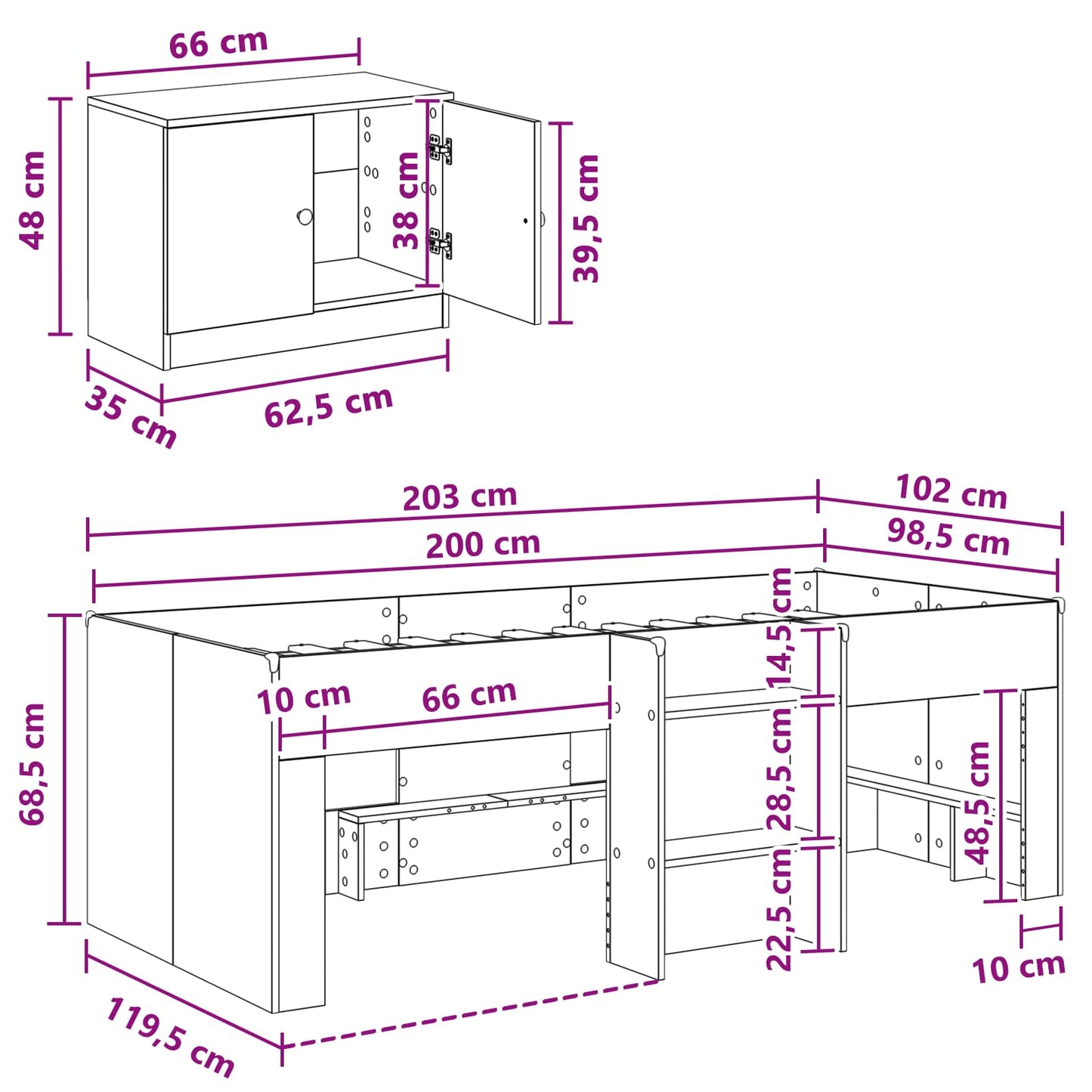 Loftsengramme med skap med lagring 3 stk. Hvit Konstruert tre