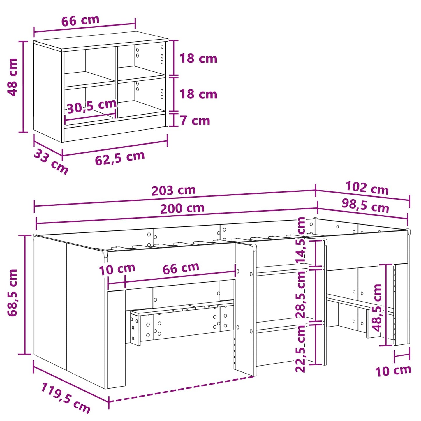 Loft Seng Ramme med Skap med hylle 3 stk. Hvit Konstruert tre