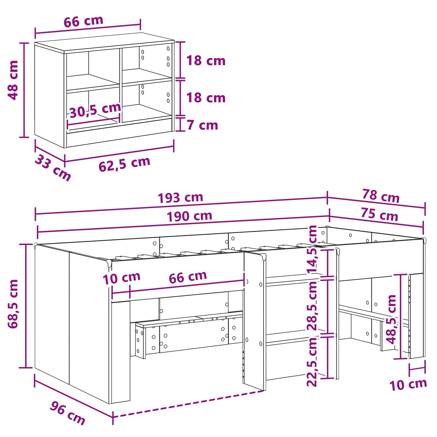 Loft Seng Ramme med Skap med hylle 3 stk. Hvit Konstruert tre