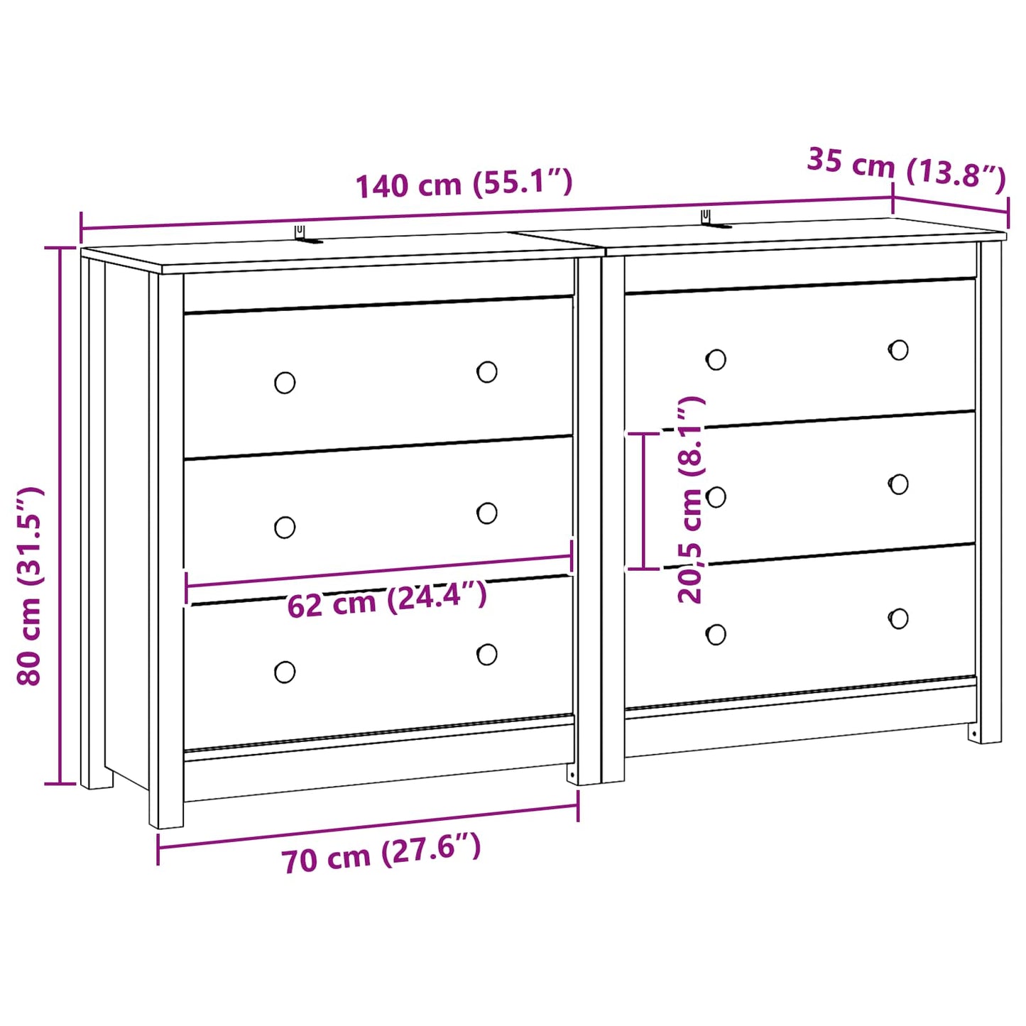 Serviesskap 2 pcs VoksBrun 140 x 35 x 80 cm Massiv furu