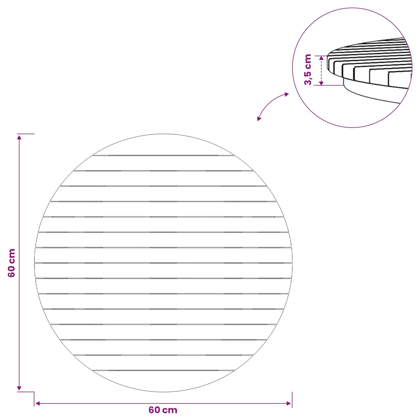 Bordplate Ø 60 x 3,5 Rund Massivt Teaktre Naturlig