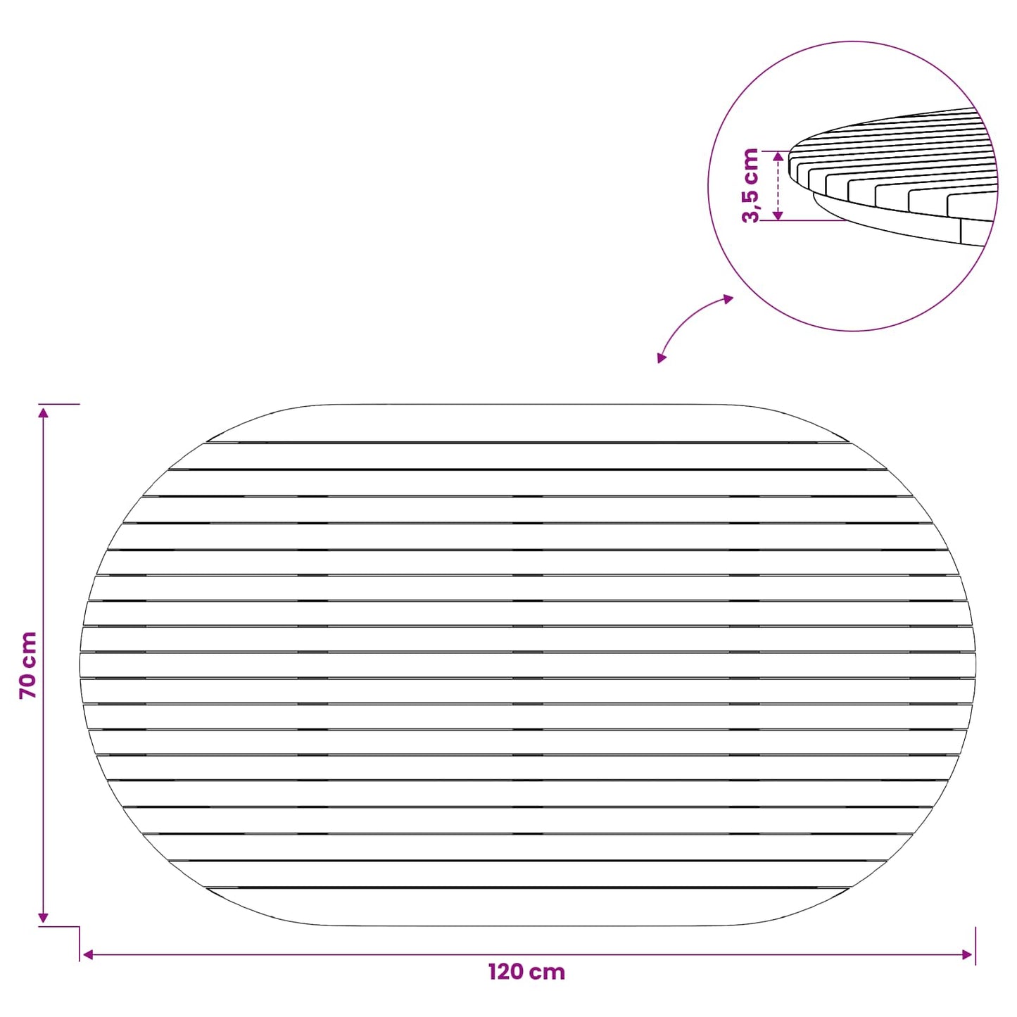 Bordplate 120 x 70 x 3,5 cm Oval Massivt Teaktre Naturlig