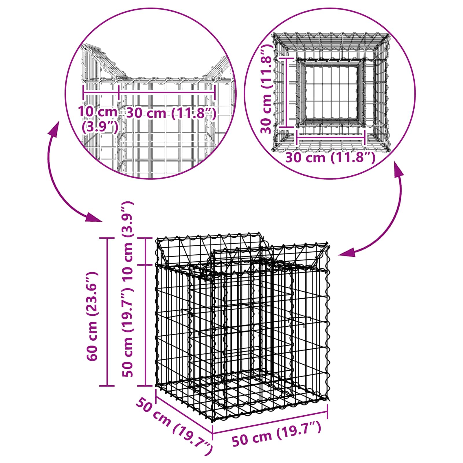 Gabion hevet seng sølv 50 x 50 x 60 cm Galvanisert Stål vidaXL
