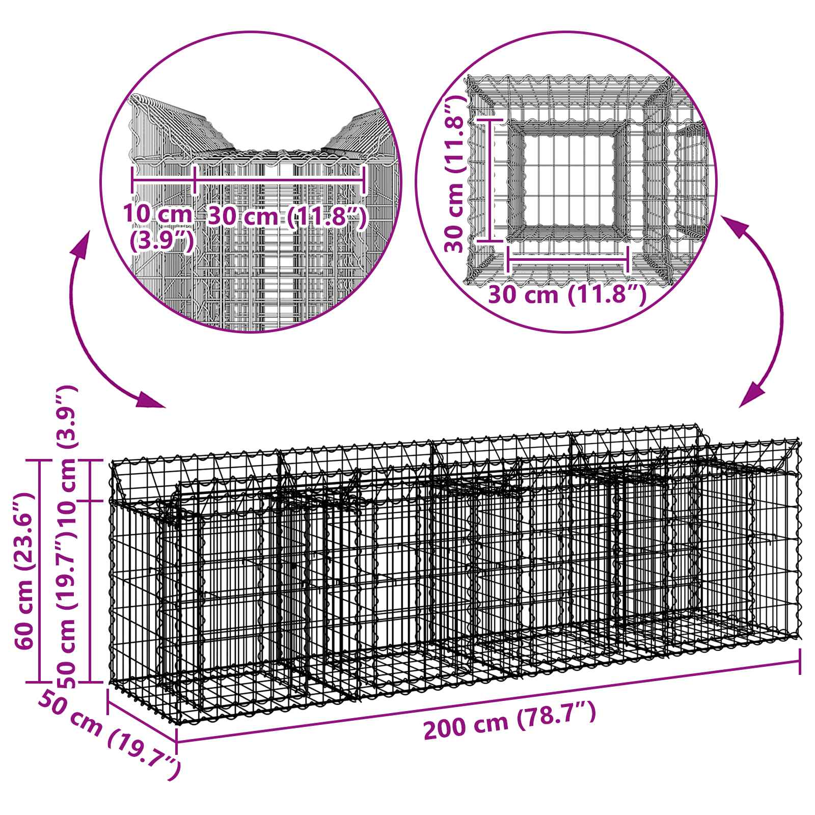Gabion hevet seng sølv 200 x 50 x 60 cm Galvanisert Stål vidaXL
