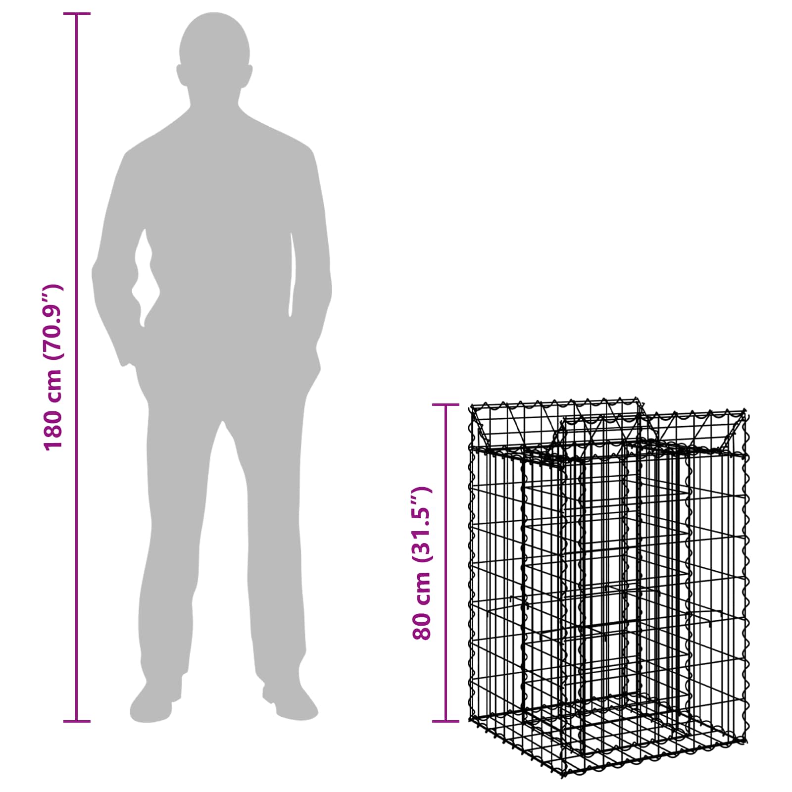 Gabion hevet seng sølv 50 x 50 x 80 cm Galvanisert Stål vidaXL