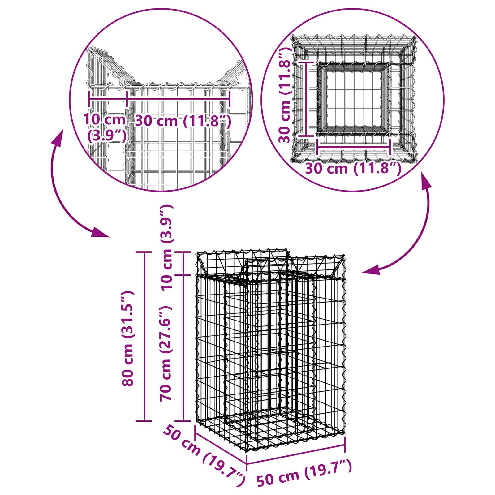 Gabion hevet seng sølv 50 x 50 x 80 cm Galvanisert Stål vidaXL