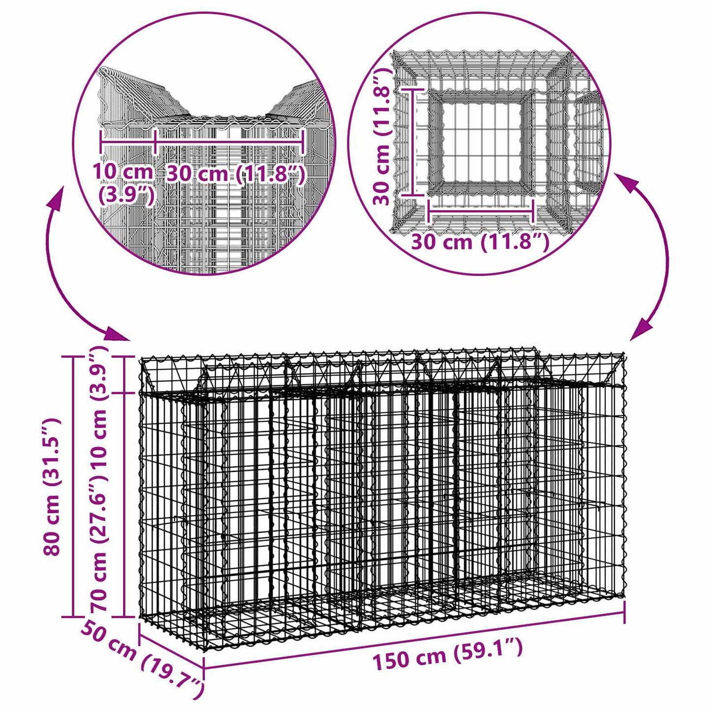 Gabion hevet seng sølv 150 x 50 x 80 cm Galvanisert Stål vidaXL