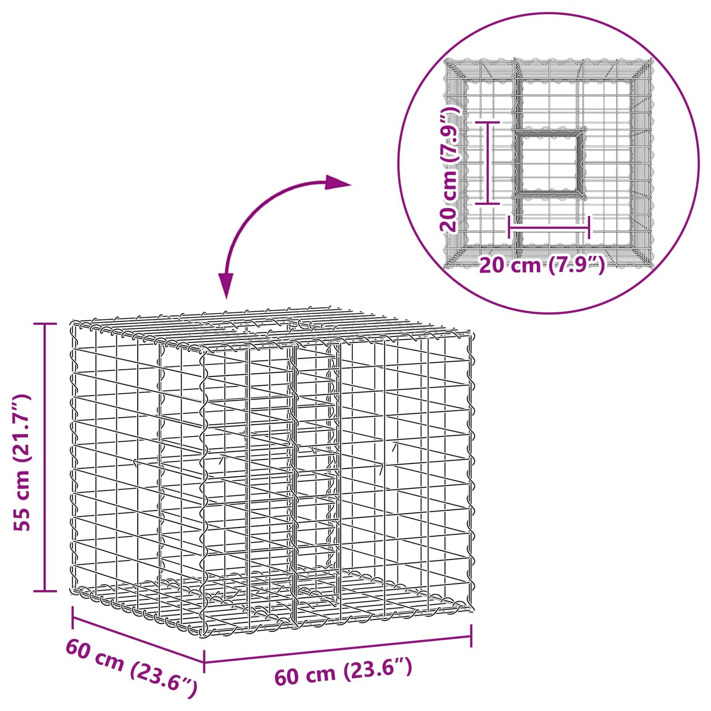 Gabion hevet seng sølv 60 x 60 x 55 cm Galvanisert Stål vidaXL