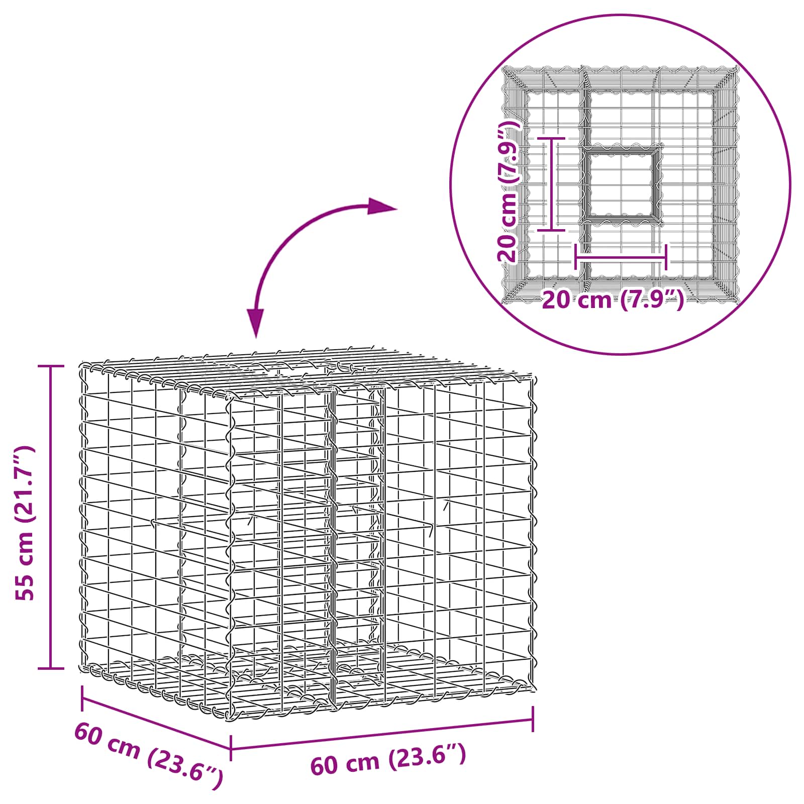Gabion hevet seng sølv 60 x 60 x 55 cm Galvanisert Stål vidaXL