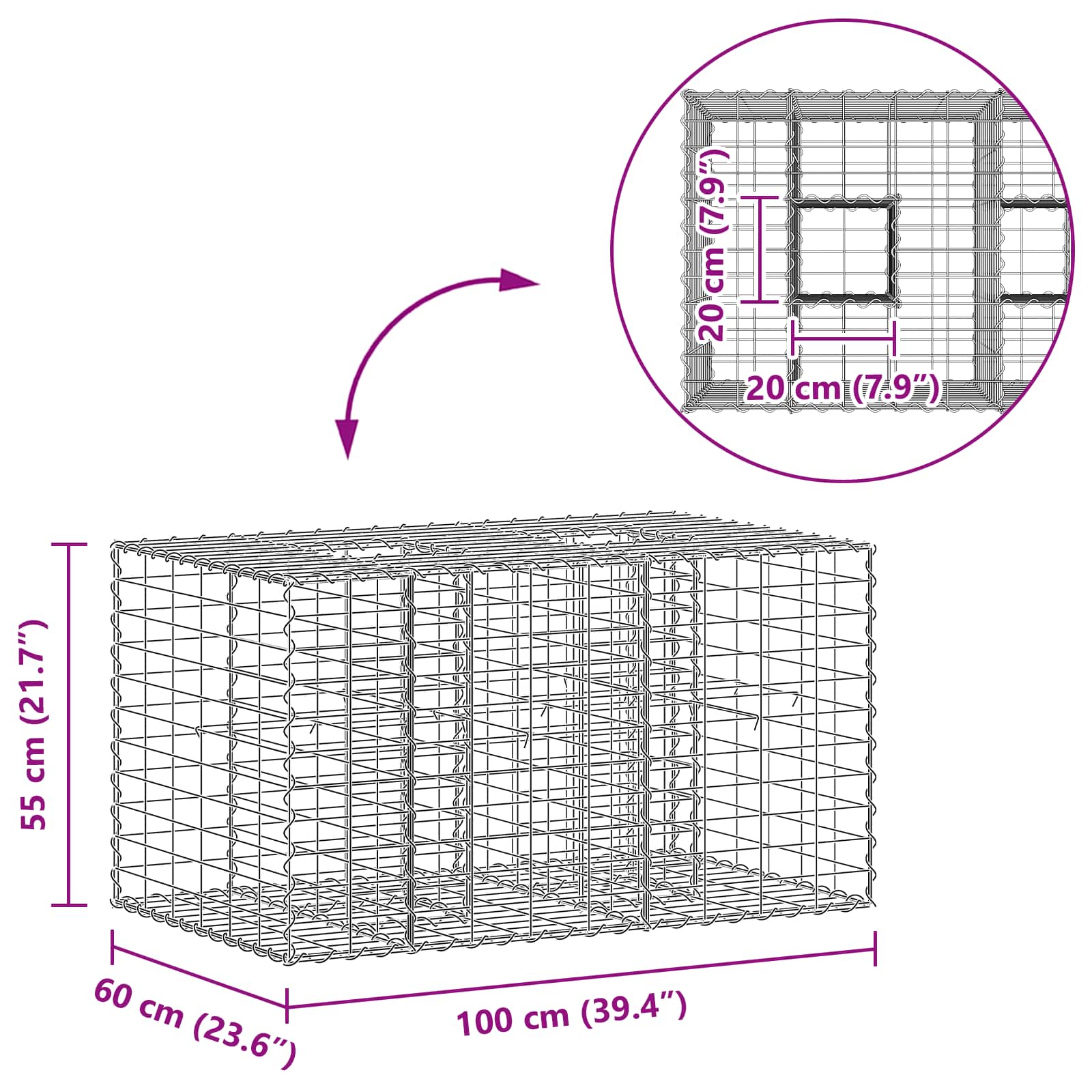 Gabion hevet seng sølv 100 x 60 x 55 cm Galvanisert Stål vidaXL
