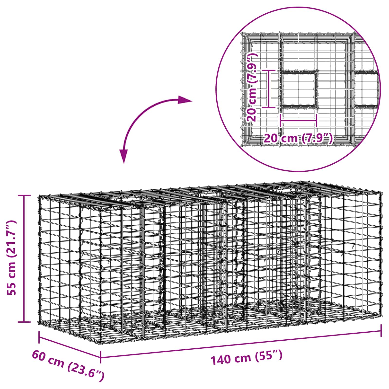 Gabion hevet seng sølv 140 x 60 x 55 cm Galvanisert Stål vidaXL