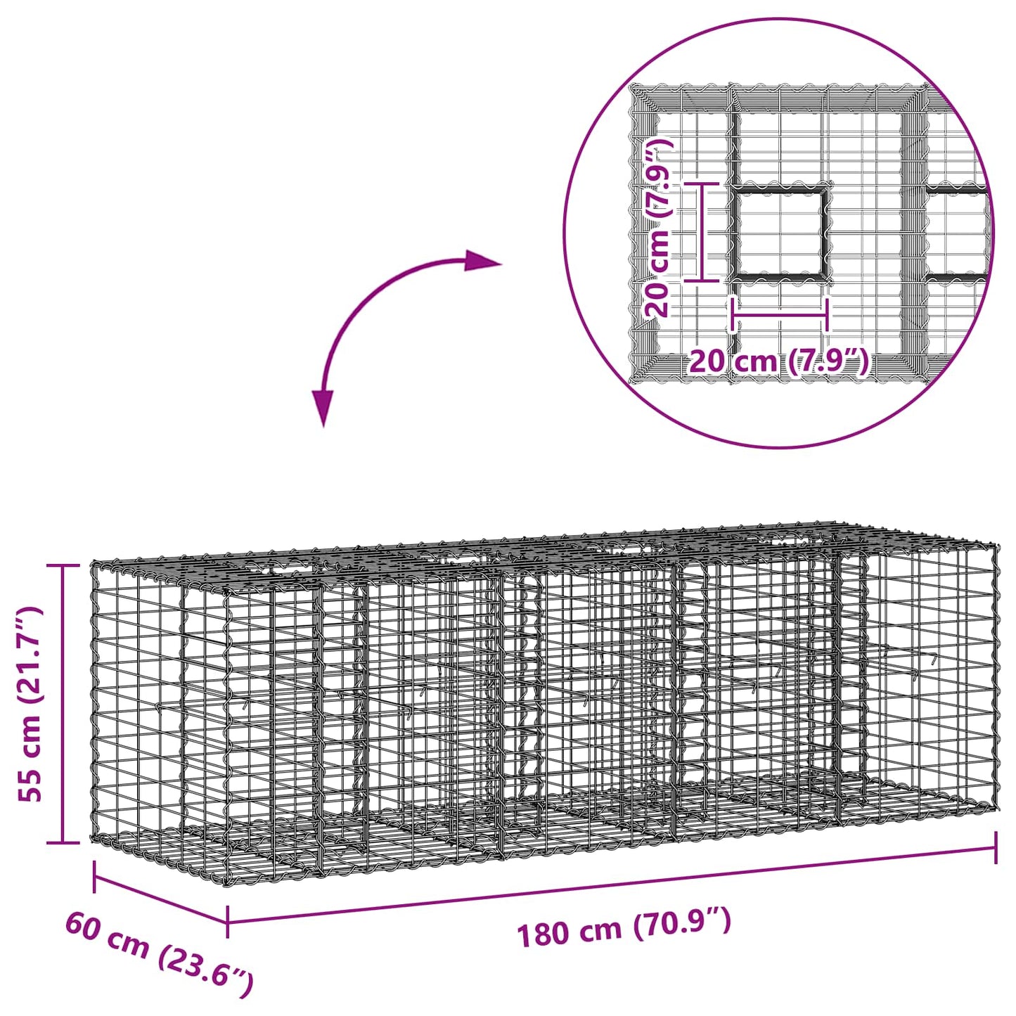 Gabion hevet seng sølv 180 x 60 x 55 cm Galvanisert Stål vidaXL