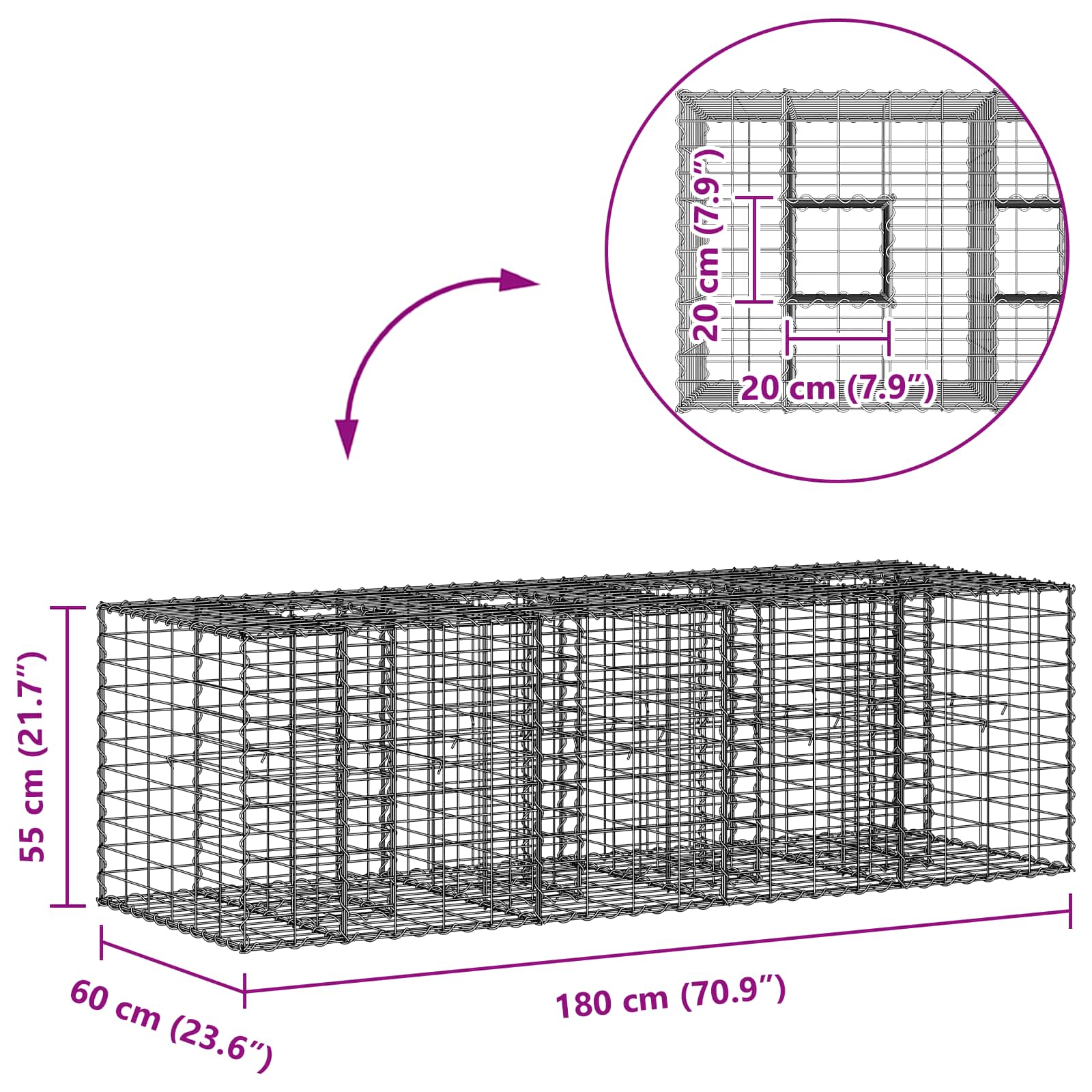 Gabion hevet seng sølv 180 x 60 x 55 cm Galvanisert Stål vidaXL