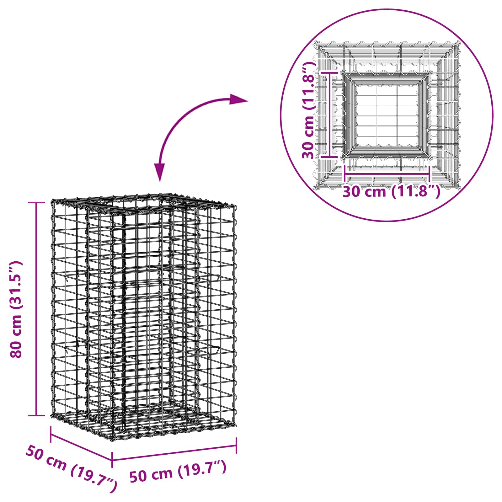 Gabion hevet seng sølv 50 x 50 x 80 cm Galvanisert Stål vidaXL