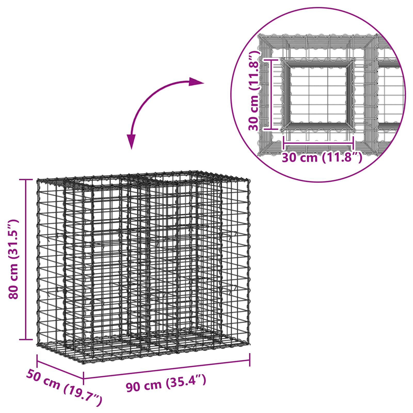Gabion hevet seng sølv 90 x 50 x 80 cm Galvanisert Stål vidaXL