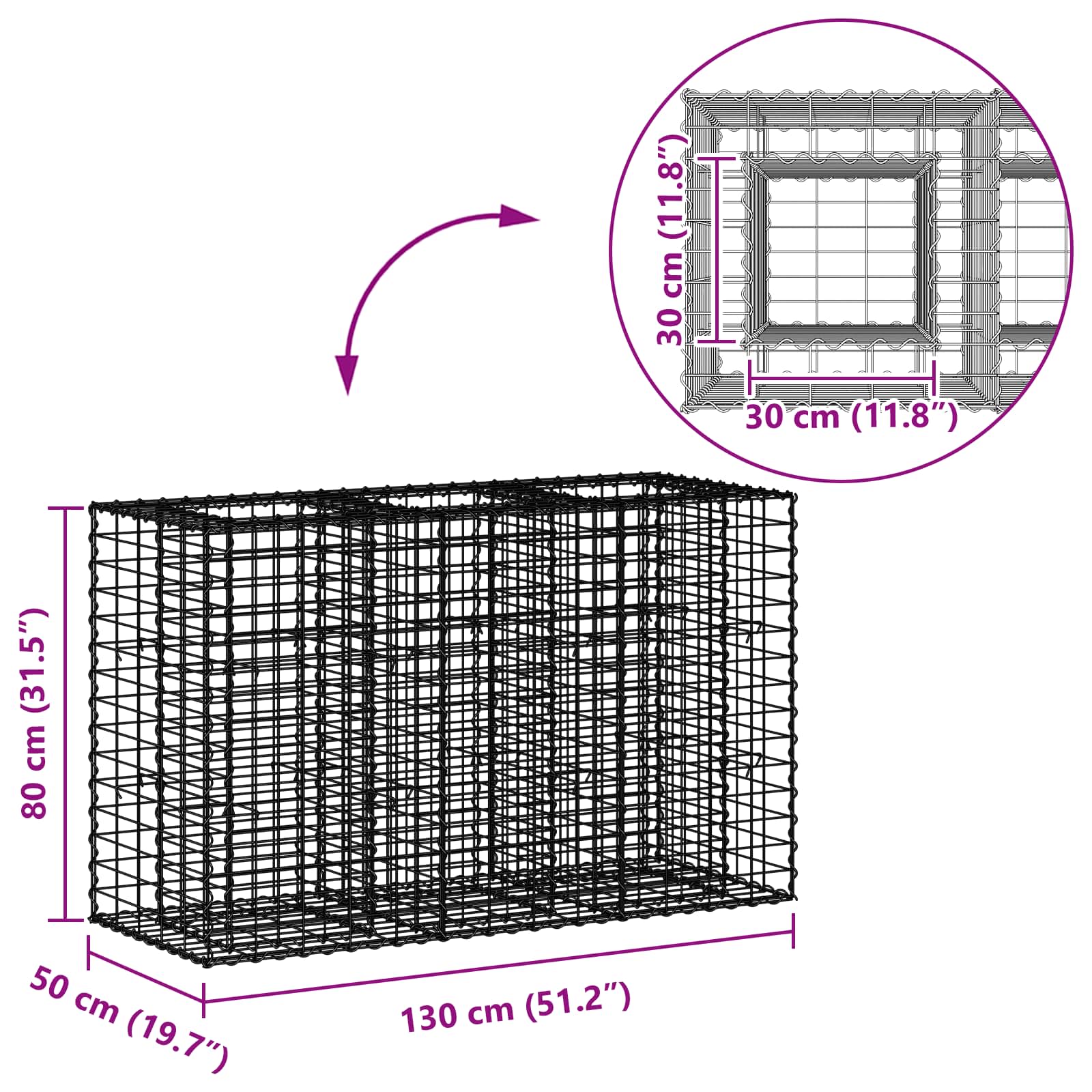 Gabion hevet seng sølv 130 x 50 x 80 cm Galvanisert Stål vidaXL
