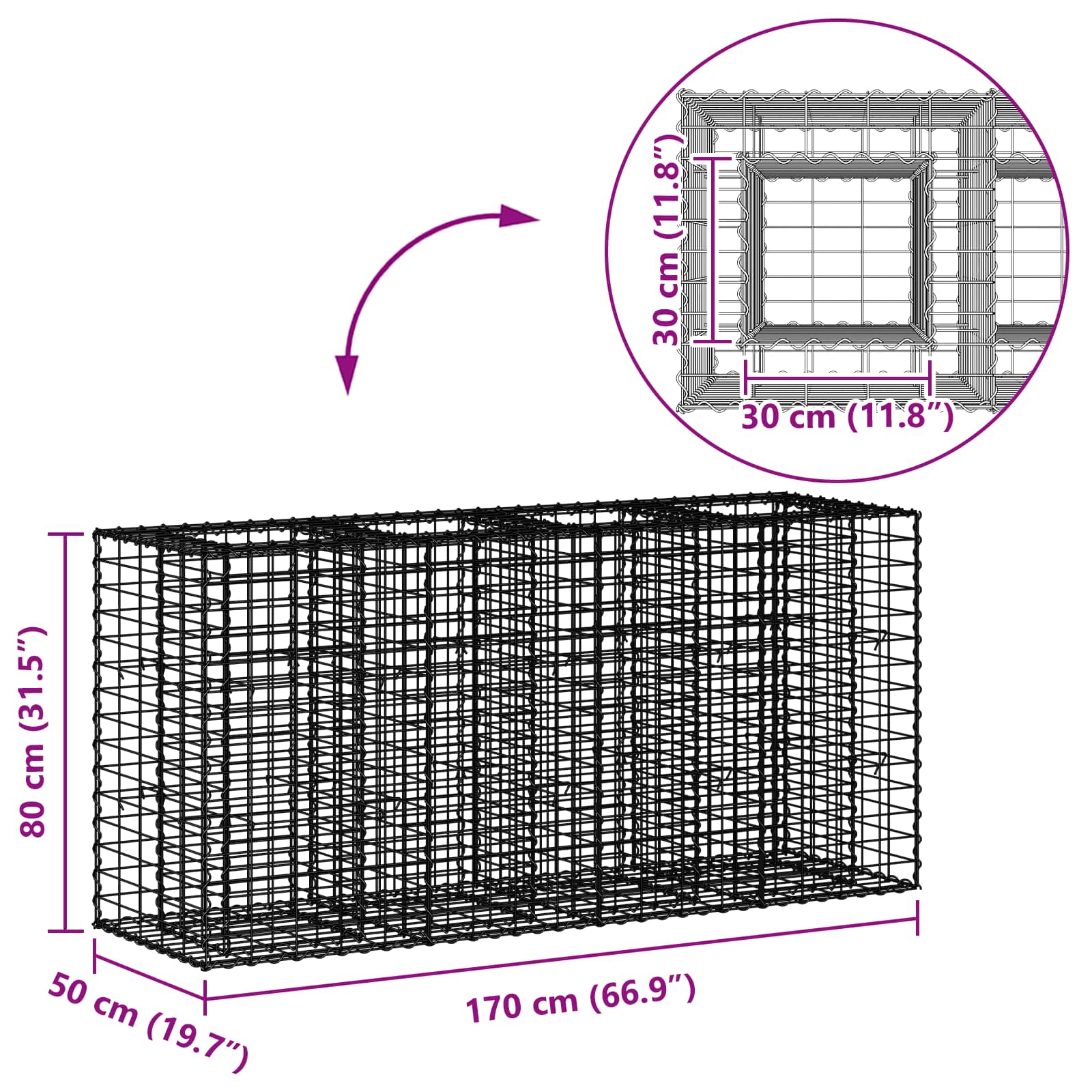 Gabion hevet seng sølv 170 x 50 x 80 cm Galvanisert Stål vidaXL