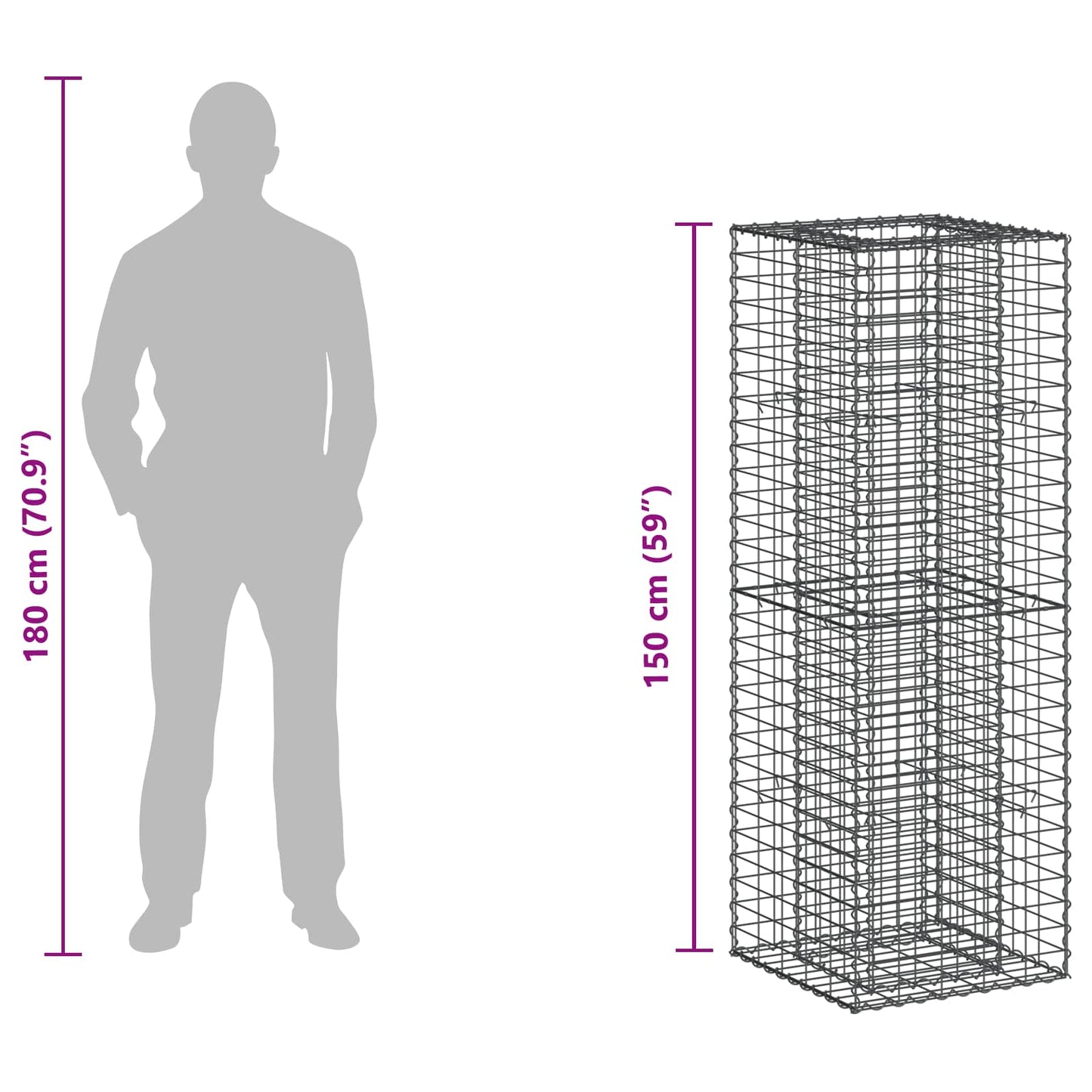 Gabion hevet seng sølv 50 x 50 x 150 cm Galvanisert Stål vidaXL