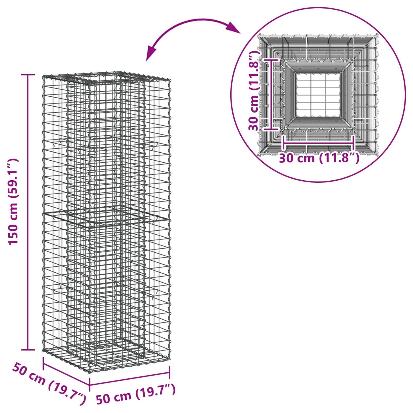 Gabion hevet seng sølv 50 x 50 x 150 cm Galvanisert Stål vidaXL