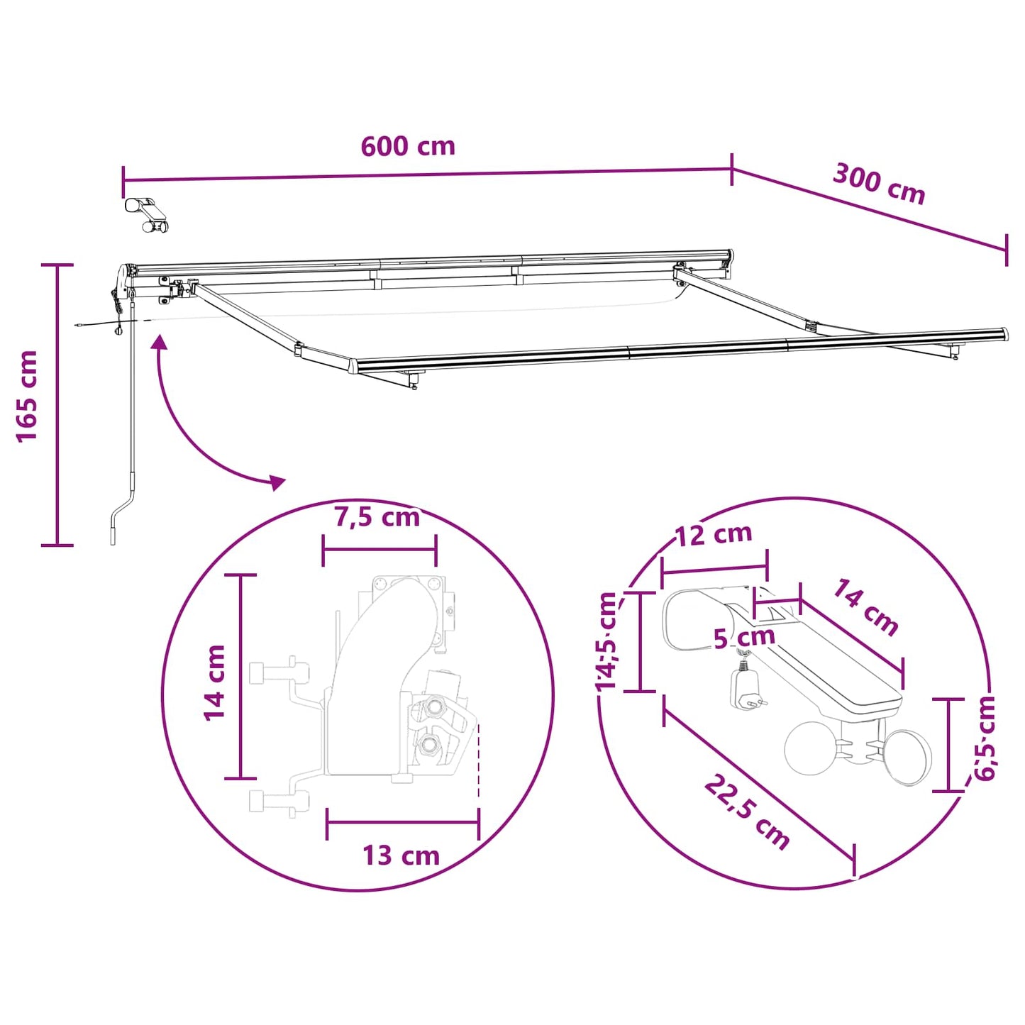 Innvendbar Markise Lys Grå og Hvit 600 × 300 cm