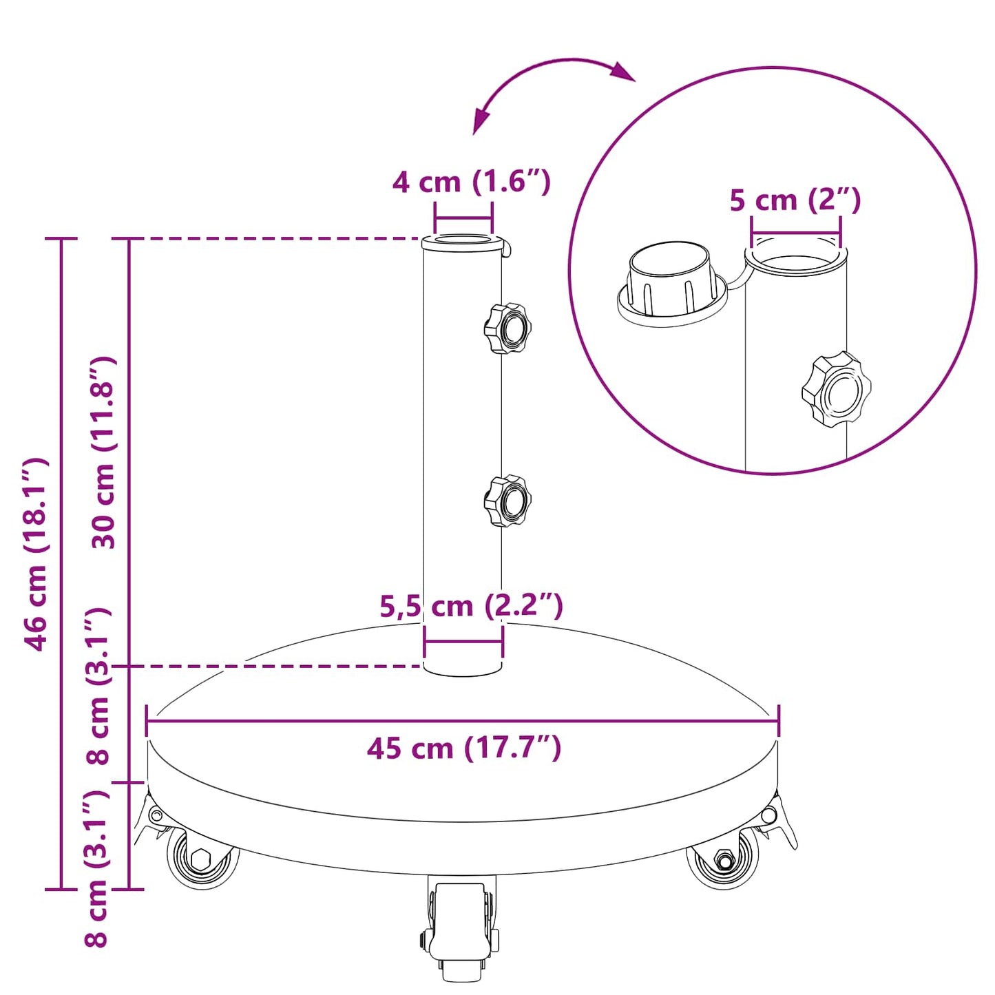 Granitt Paraplyfot med hjul for 4-5 cm stang 27.2 kg Grå