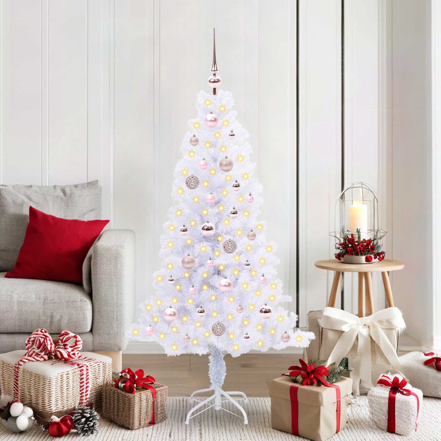 Kunstig juletre med 150 LED med stativ Hvit 150 cm PVC og Stål