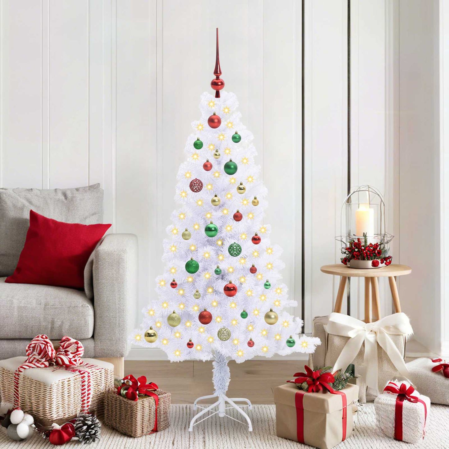 Kunstig juletre med 150 LED med stativ Hvit 150 cm PVC og Stål