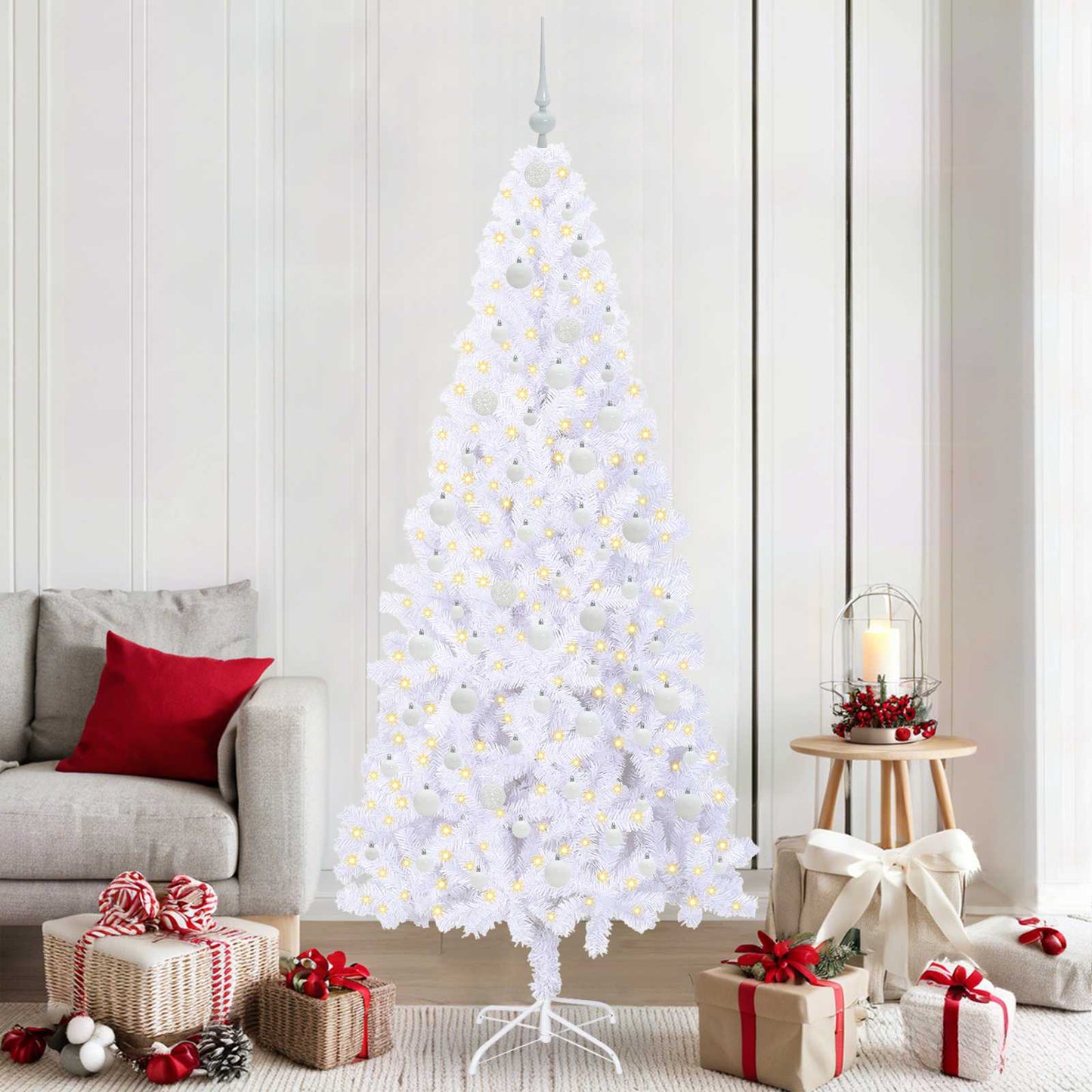 Kunstig juletre med 300 LED med stativ Hvit 210 cm PVC og stål