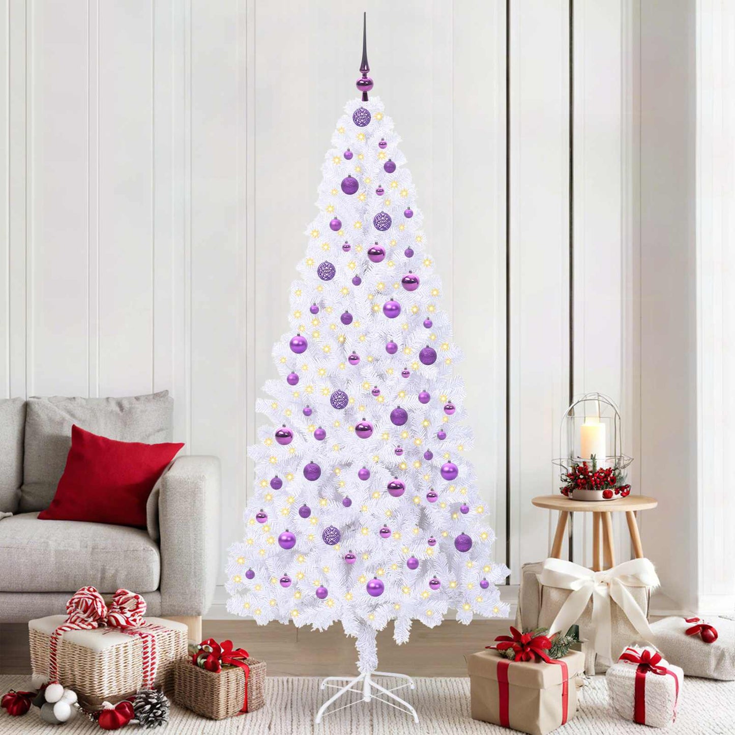 Kunstig juletre med 300 LED med stativ Hvit 210 cm PVC og stål