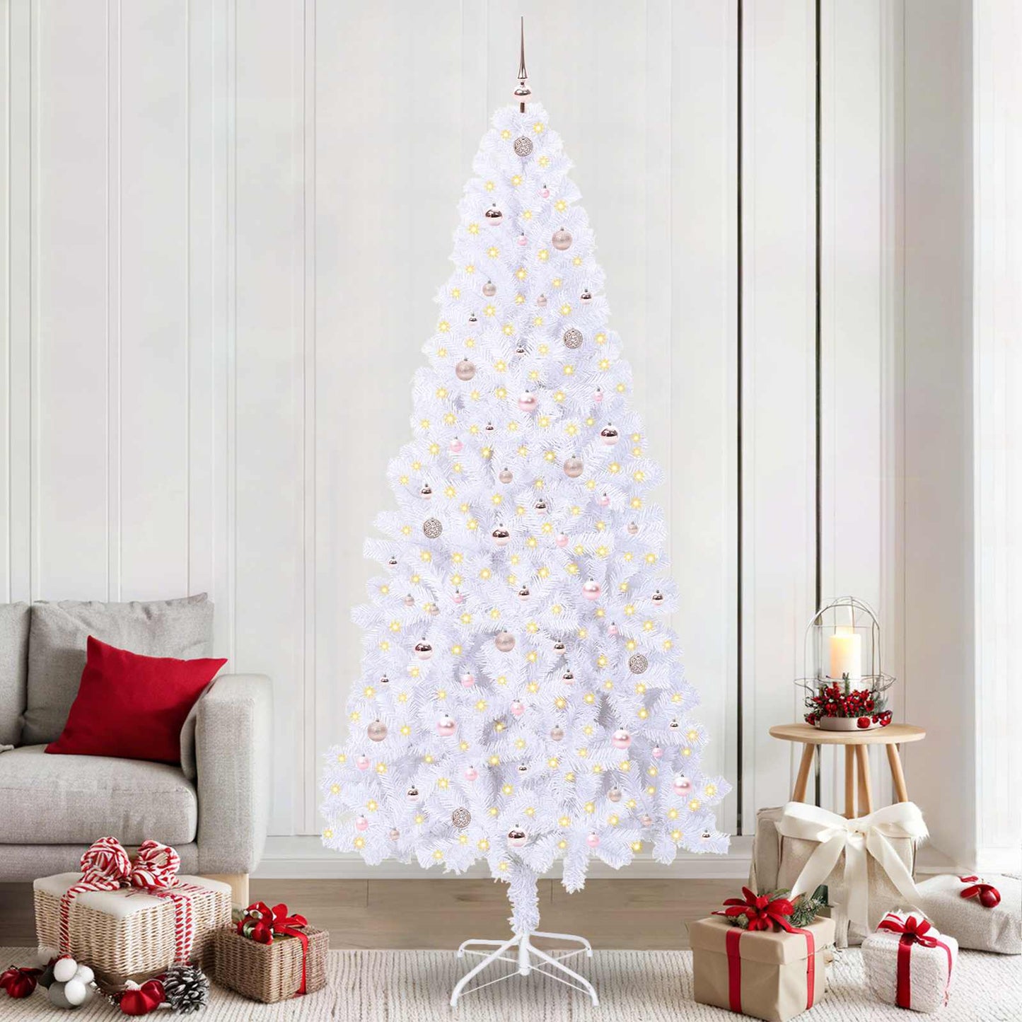 Kunstig juletre med 300 LED med stativ Hvit 240 cm PVC og stål