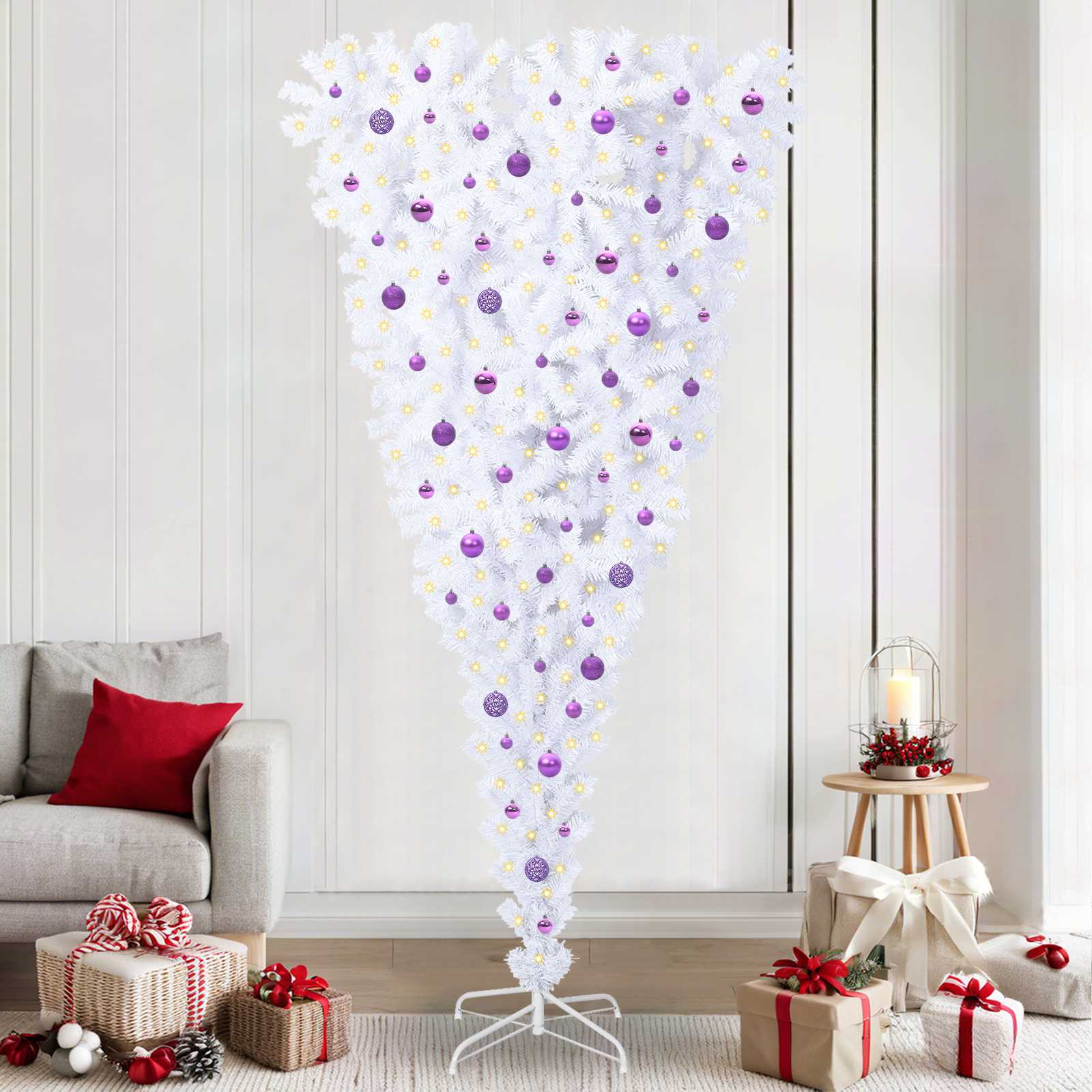 Kunstig juletre med 300 LED med stativ Hvit 240 cm PVC og Stål vidaXL