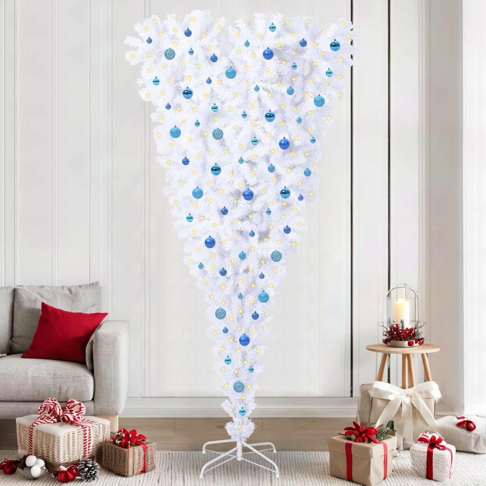 Kunstig juletre med 300 LED med stativ Hvit 240 cm PVC og Stål vidaXL