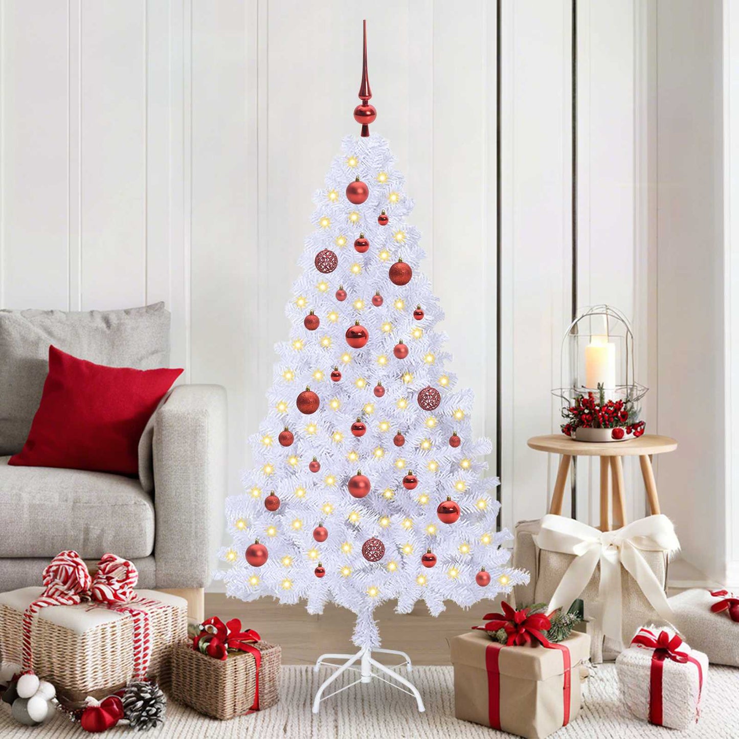 Kunstig juletre med 150 LED med stativ Hvit 150 cm PVC og stål