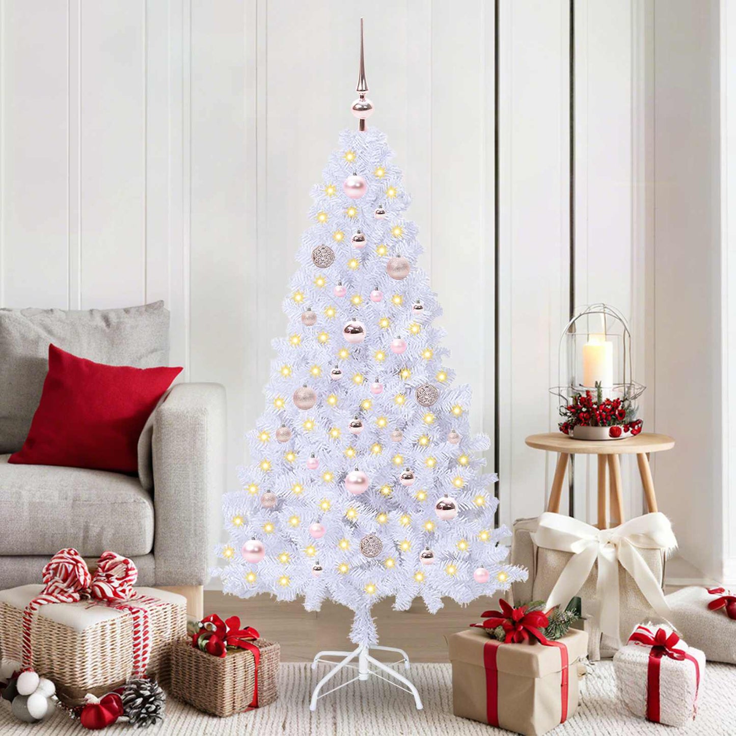 Kunstig juletre med 150 LED med stativ Hvit 150 cm PVC og stål