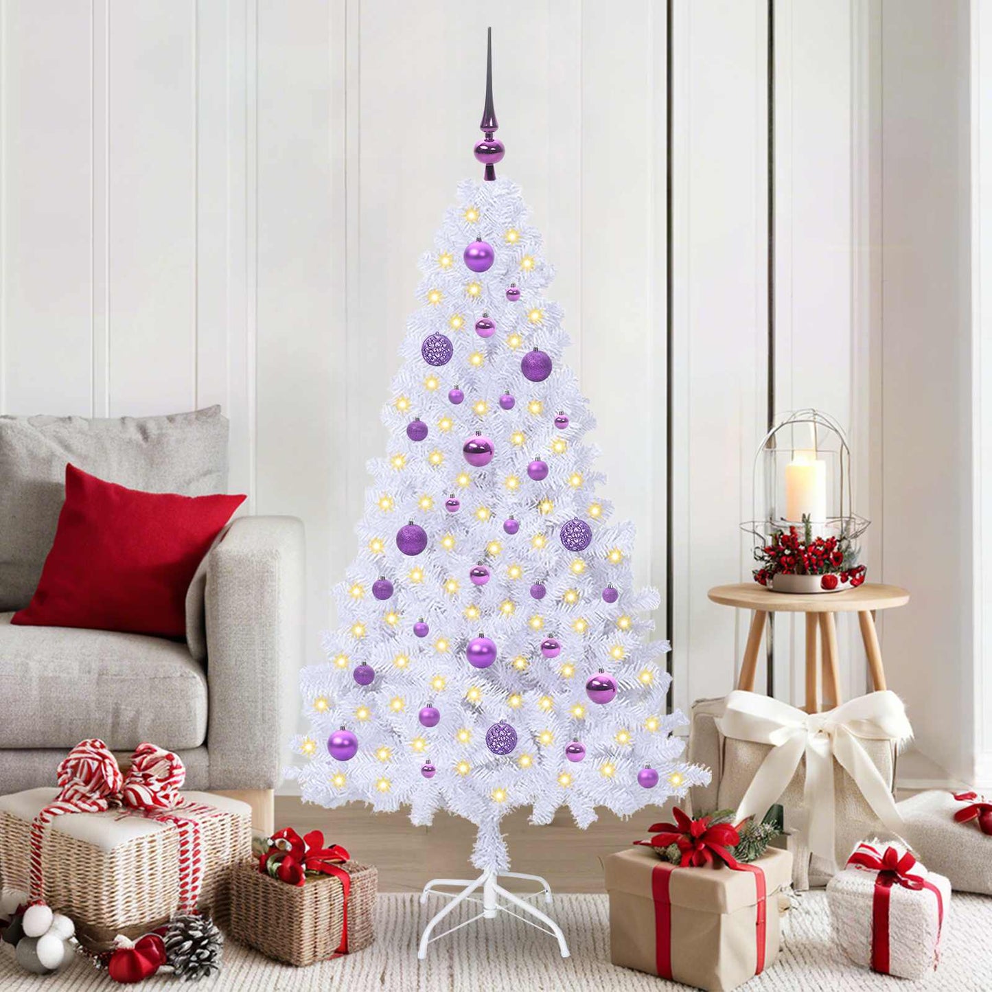 Kunstig juletre med 150 LED med stativ Hvit 150 cm PVC og stål