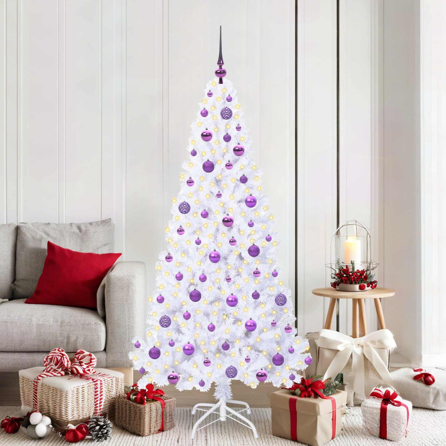 Kunstig juletre med 300 LED med stativ Hvit 180 cm PVC og stål